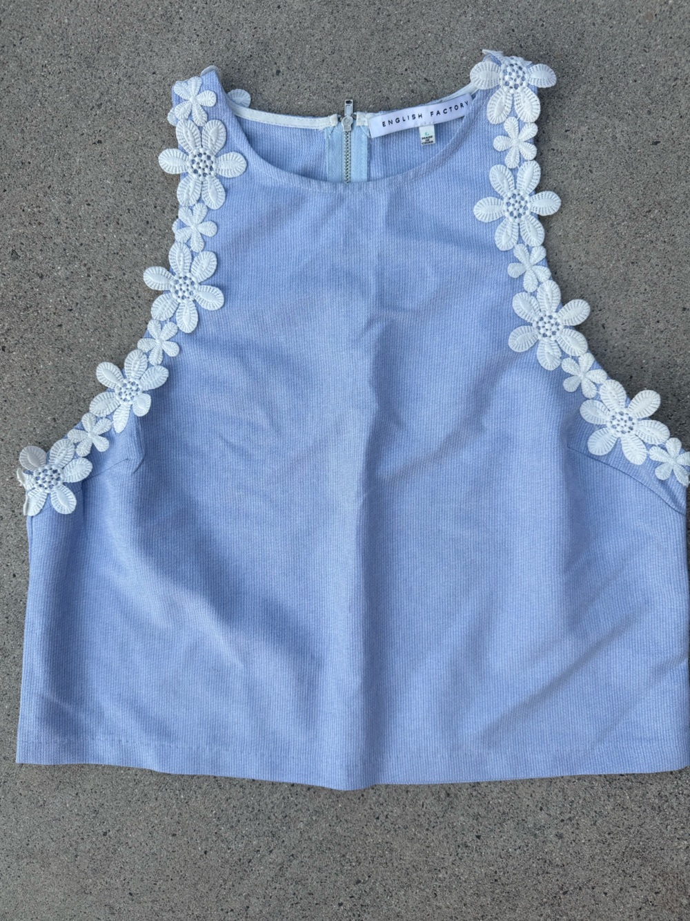 English Factory Light Blue Tank with White Floral Lace Trim